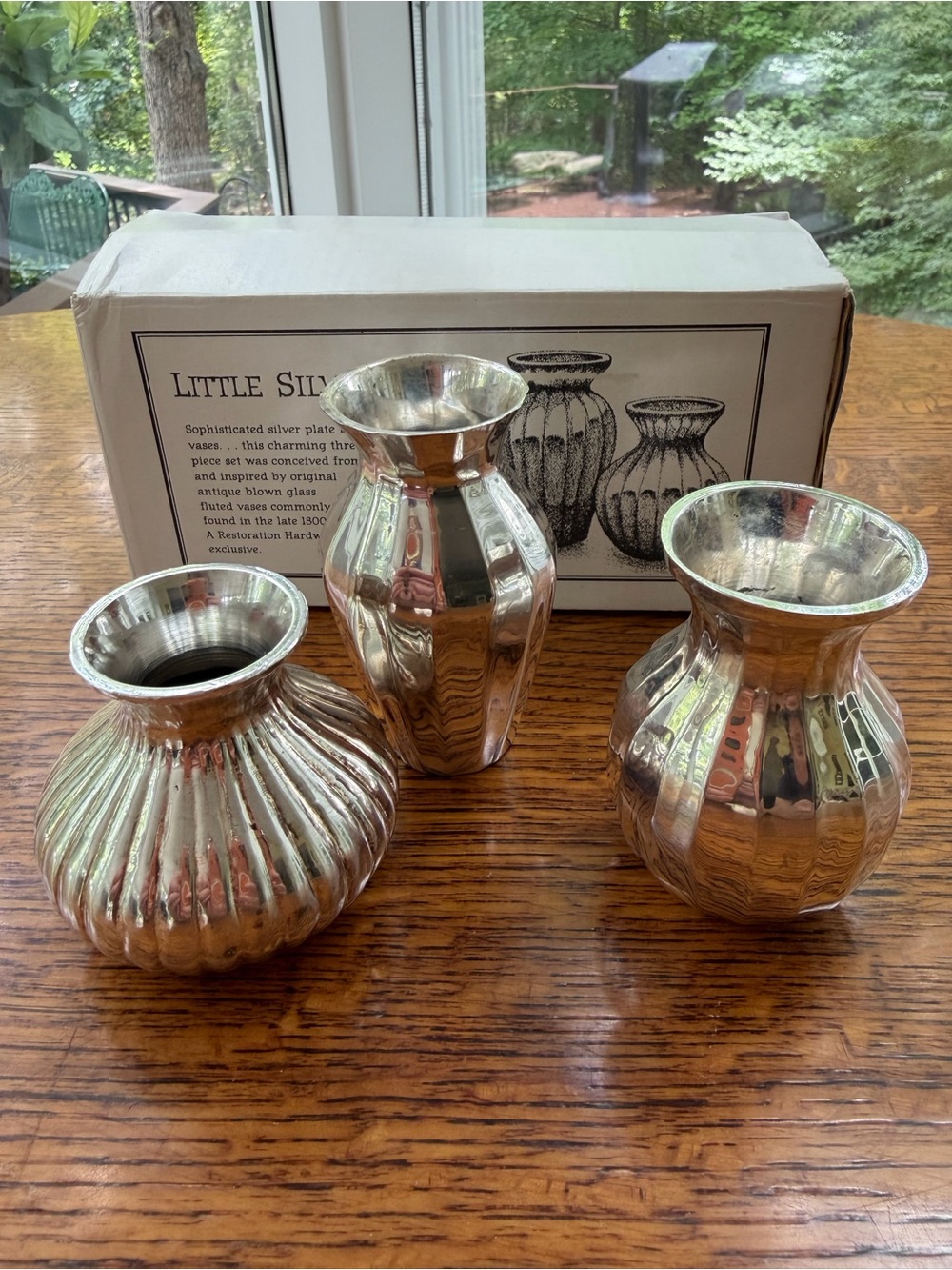 Restoration Hardware Silver Ribbed Vase Trio